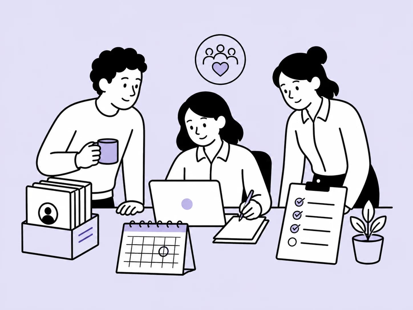 Illustration of three people organising employee records, a calendar and a policy checklist.