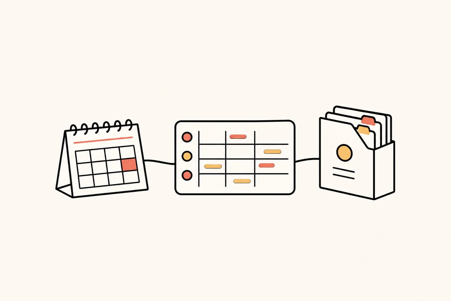 Illustration of a fixed-term calendar, a varied working-pattern grid and an organised evidence folder.