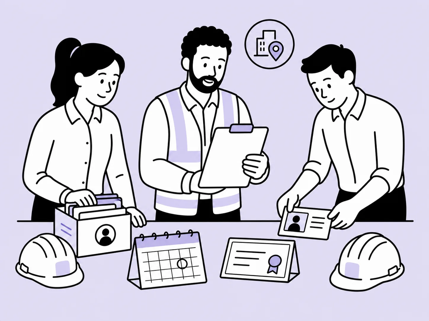 Illustration of three construction colleagues organising employee records, training tickets and a calendar.