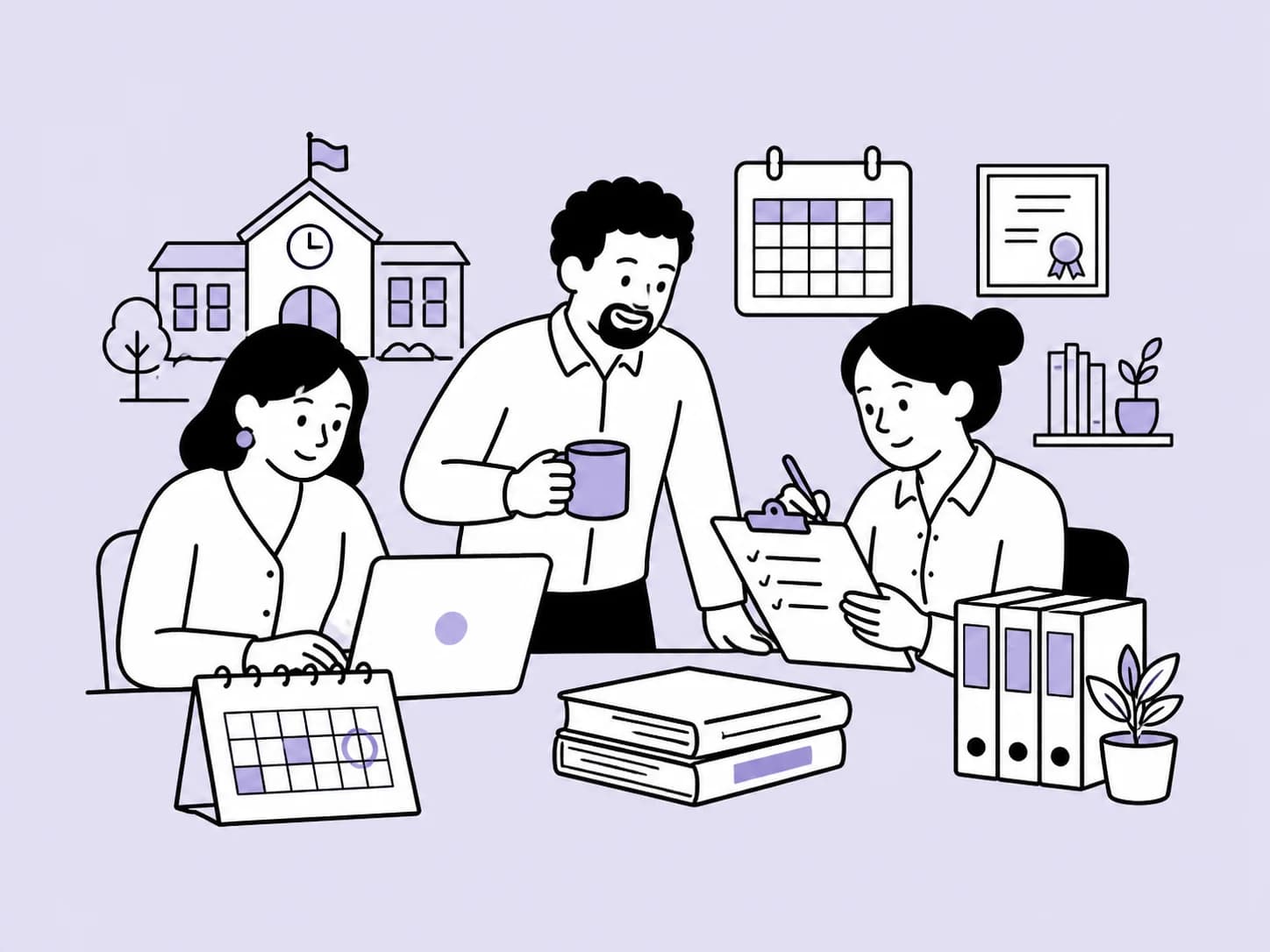 Illustration of an education team organising staff records, recruitment evidence and term-time working patterns.
