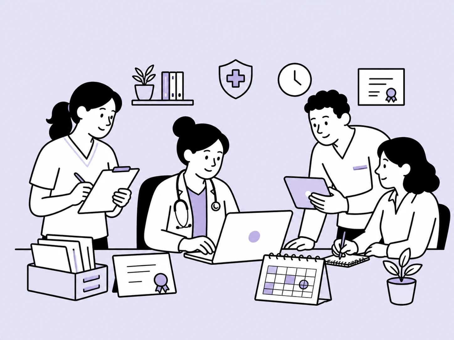 Illustration of a healthcare team organising recruitment evidence, qualifications and staff records.