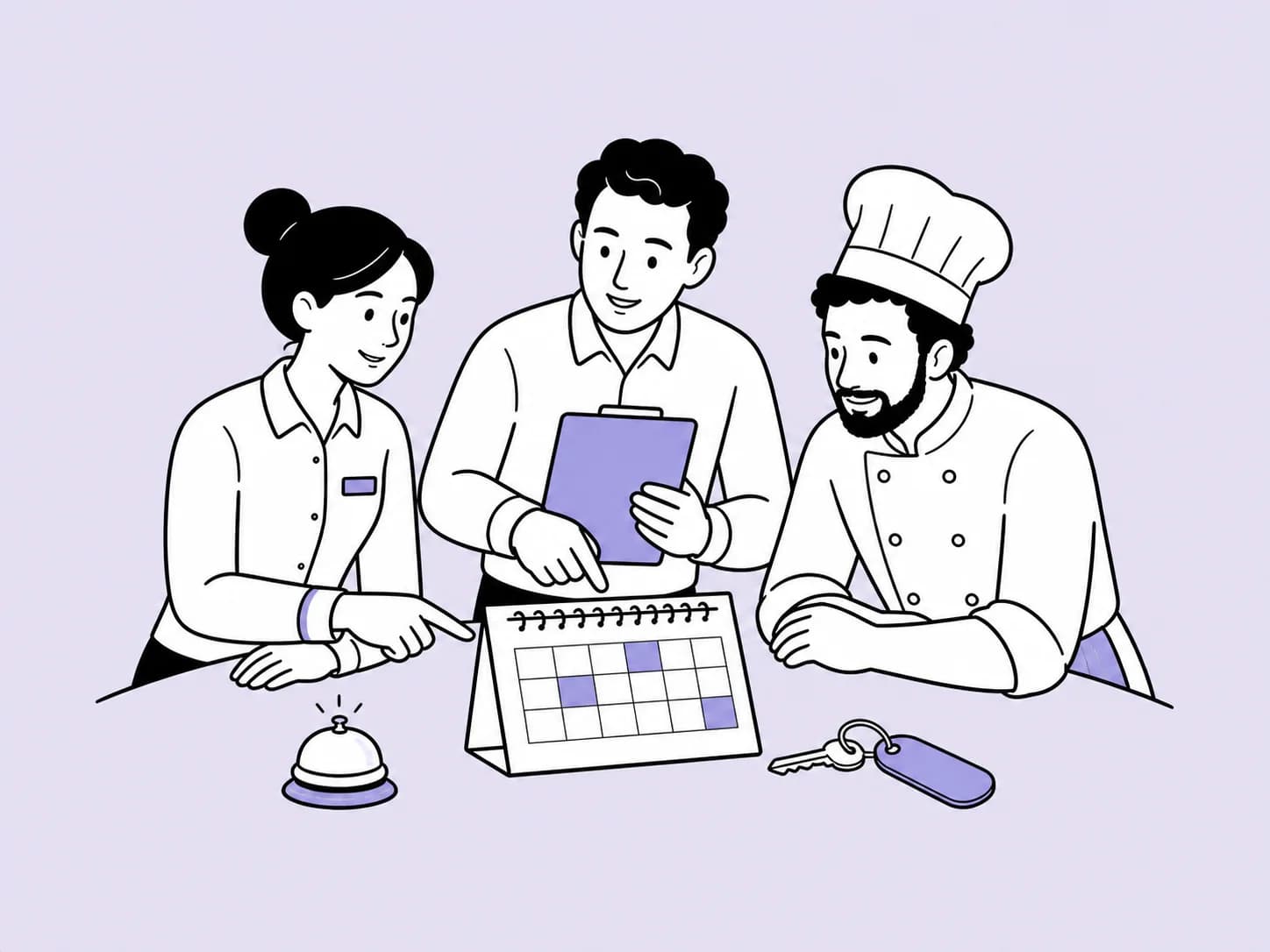 Illustration of a hospitality team organising starter records, working patterns and leave across a venue.