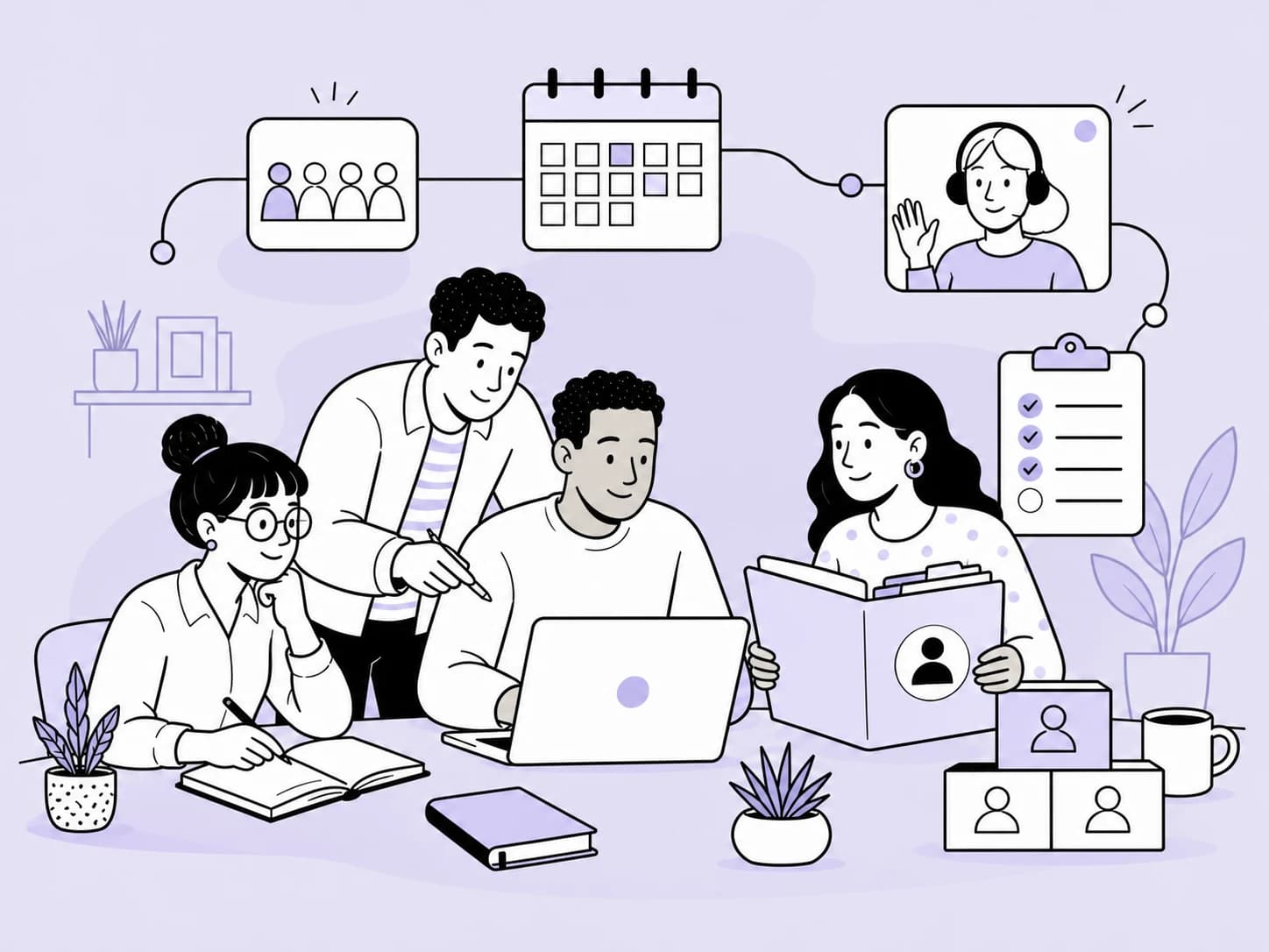Illustration of a technology team organising employee records, hybrid working patterns and onboarding.