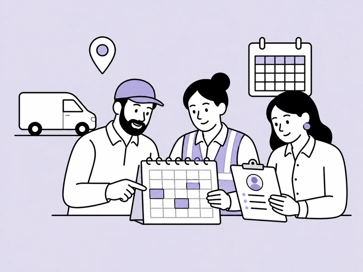 Illustration of a transport and logistics team organising employee records, locations and driver evidence.