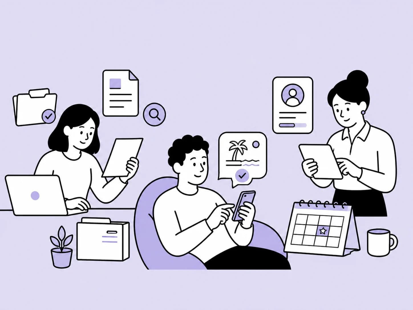 Illustration of employees organising employee records, leave and documents.