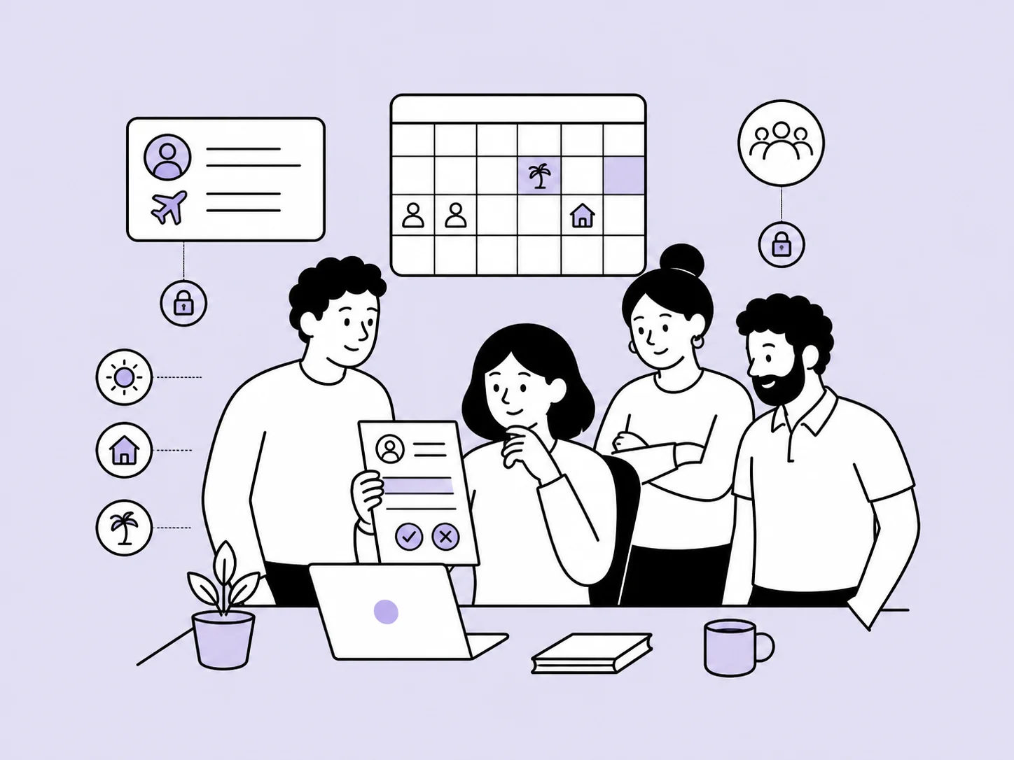 Illustration of managers and team leads organising employee records, leave and documents.
