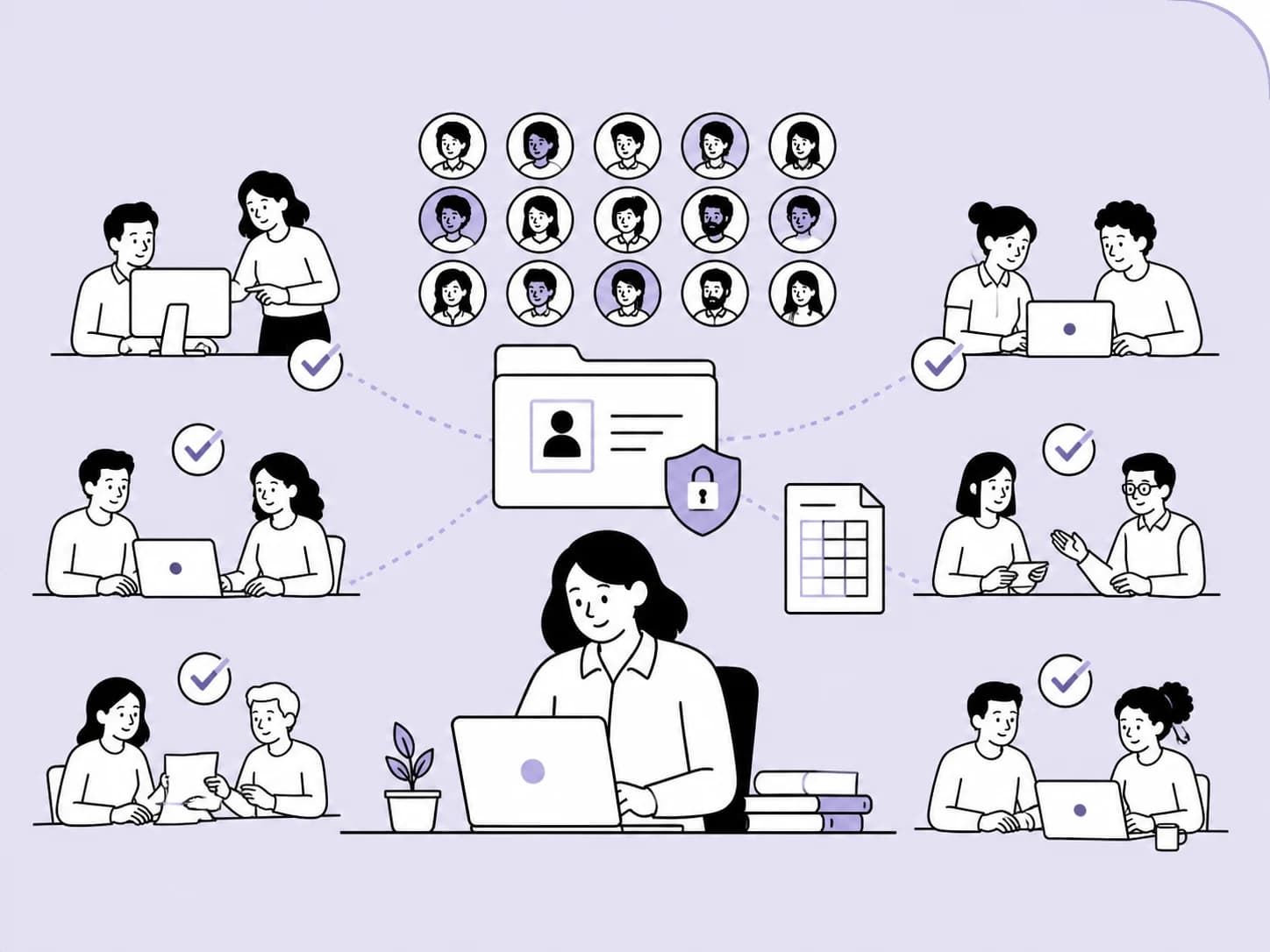 Illustration of a 50-person team organised around shared employee records and leave.