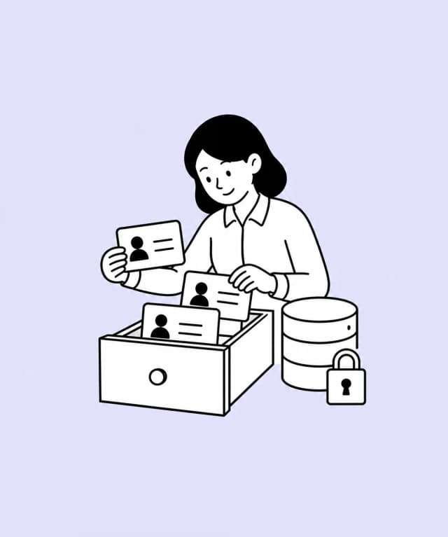 A person organises employee profile cards beside protected records.