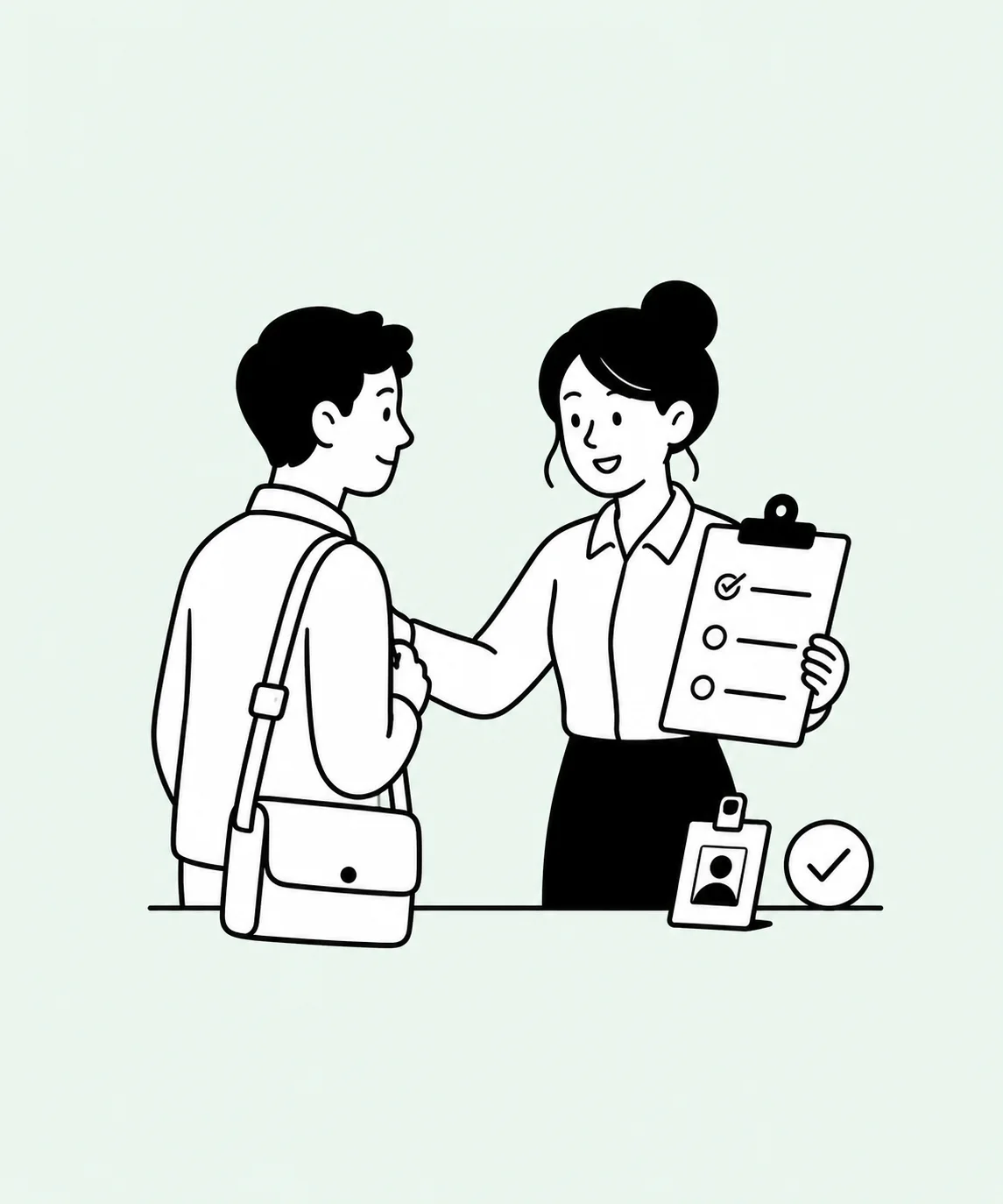 Two colleagues meet beside an onboarding checklist and ID card.