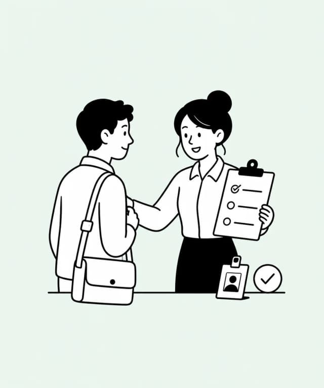 Two colleagues meet beside an onboarding checklist and ID card.