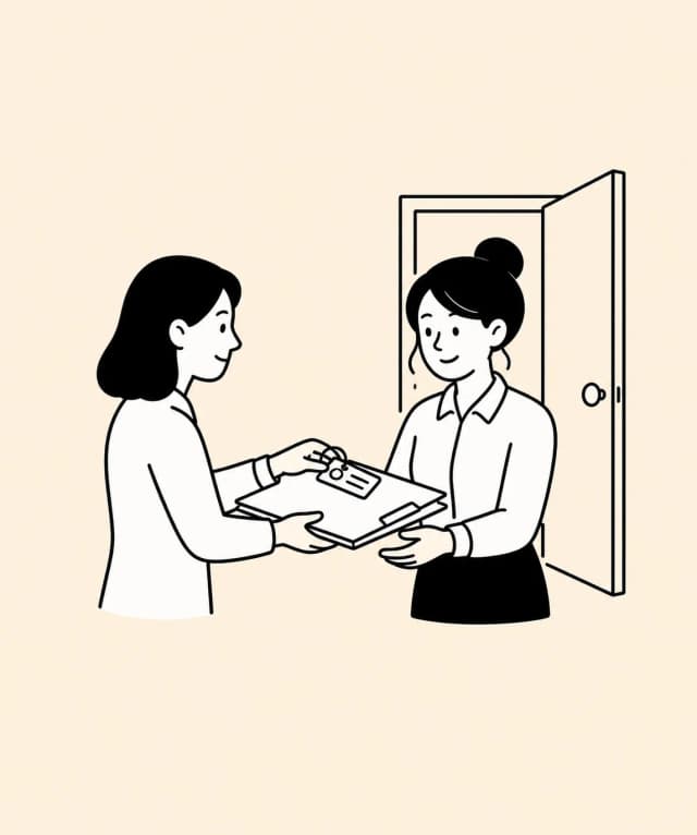 Two colleagues complete a calm handover beside an open door.