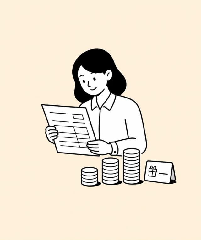 A person reviews a pay record beside coin stacks and a benefits card.