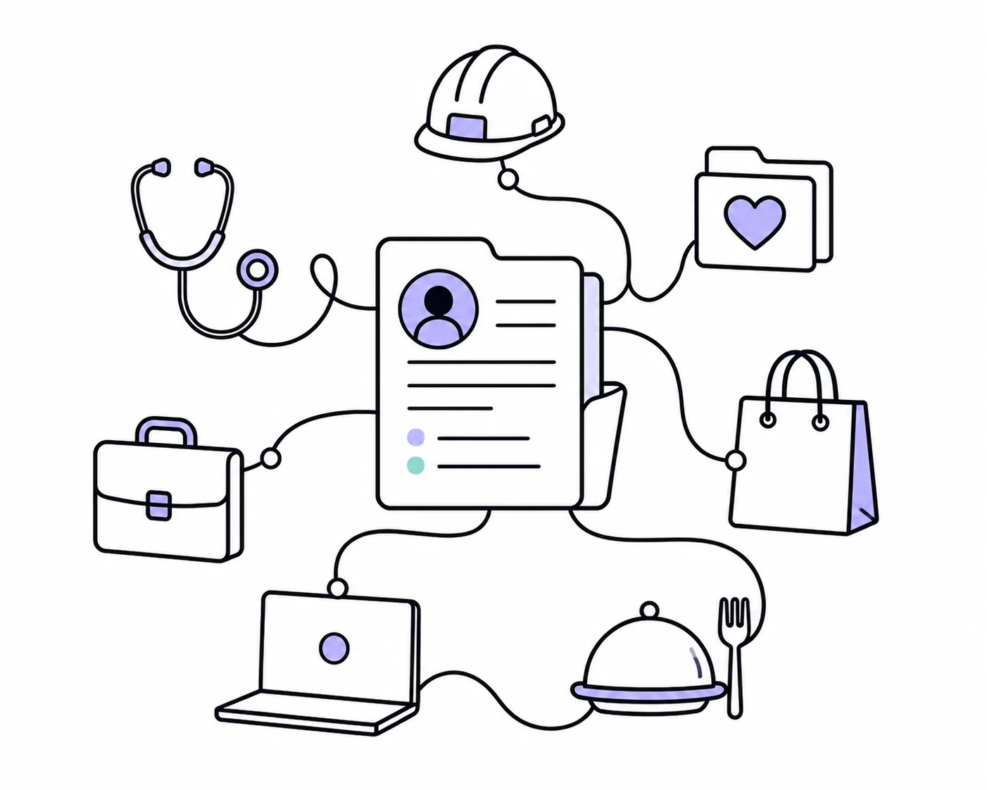 One employee record connected to symbols for construction, care, charities, retail, hospitality, technology and professional services.
