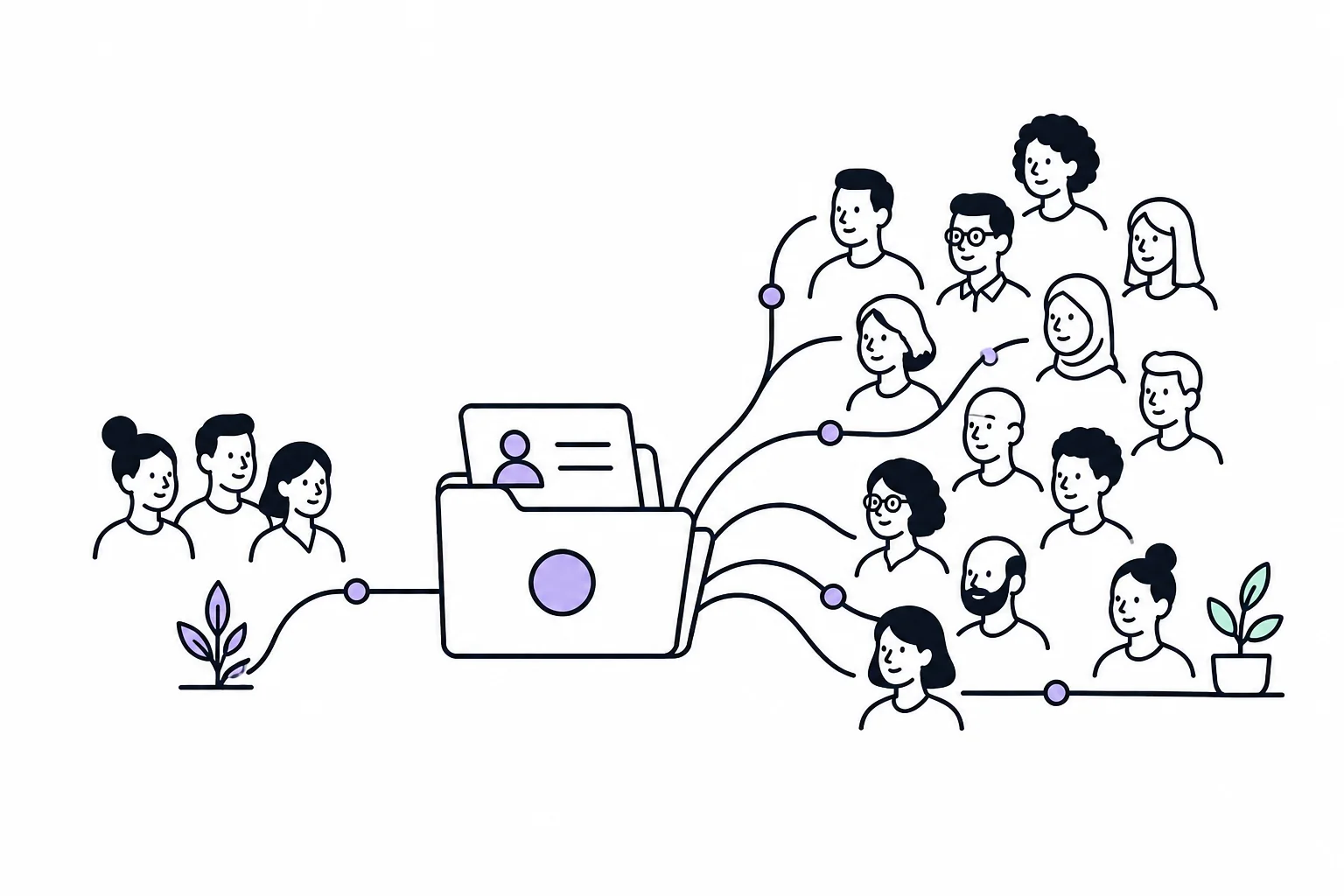 A small group growing into a larger team, all connected to one organised employee record.