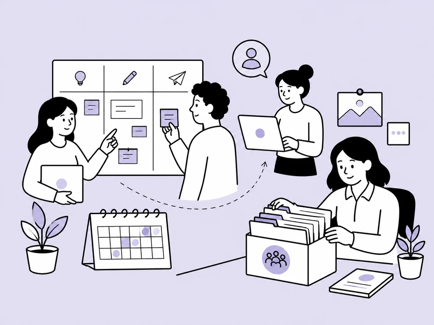 Illustration of an agency team organising employee records around changing client work.