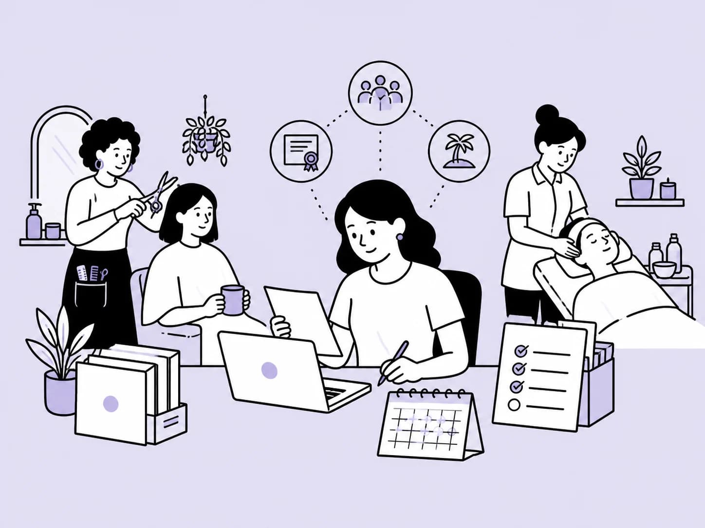 Illustration of a salon and wellbeing team organising working patterns, employee files and leave.