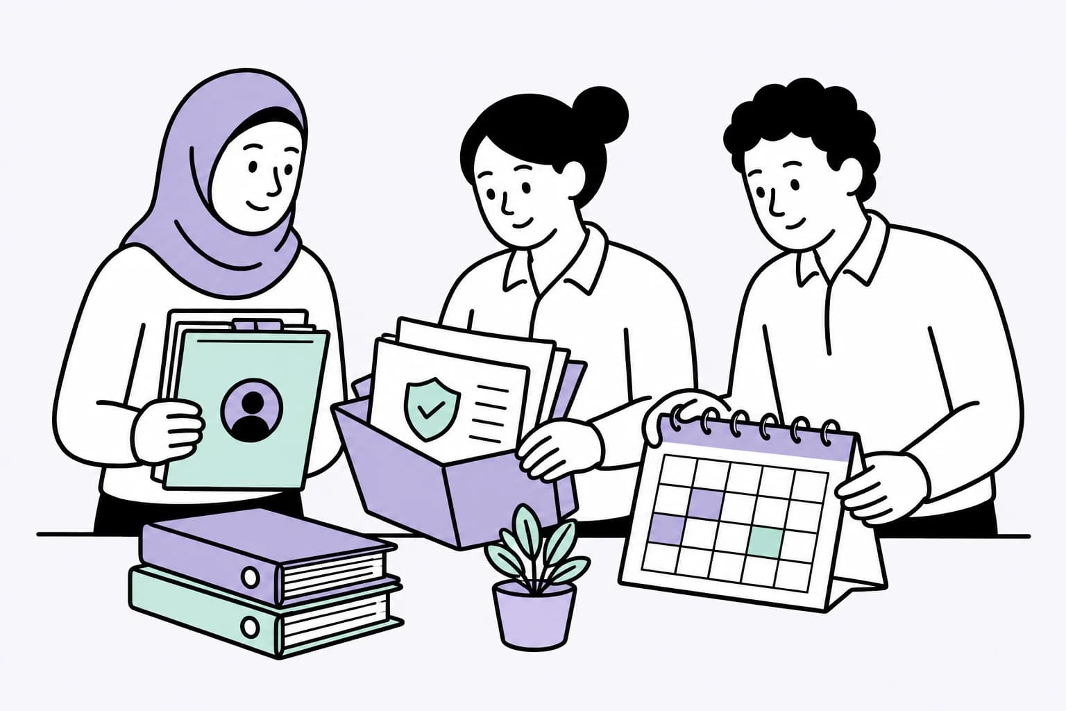 Illustration of a care team organising recruitment evidence, staff files and working patterns.