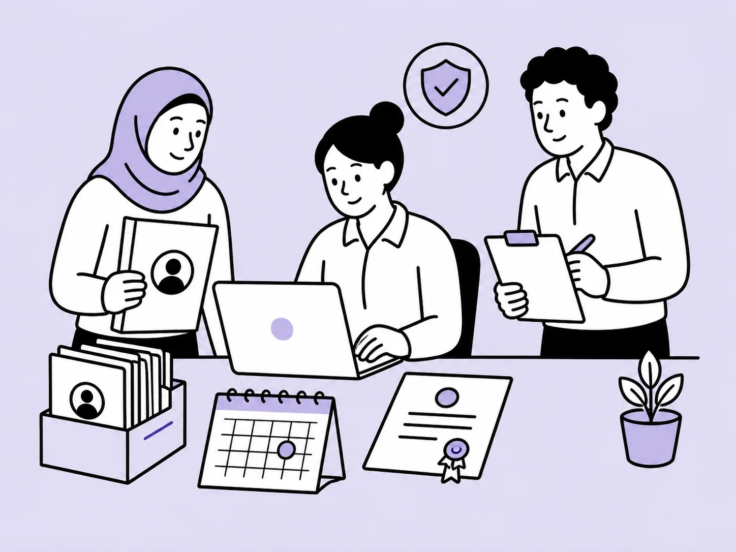 Illustration of three care colleagues organising employee files, training evidence and a calendar.