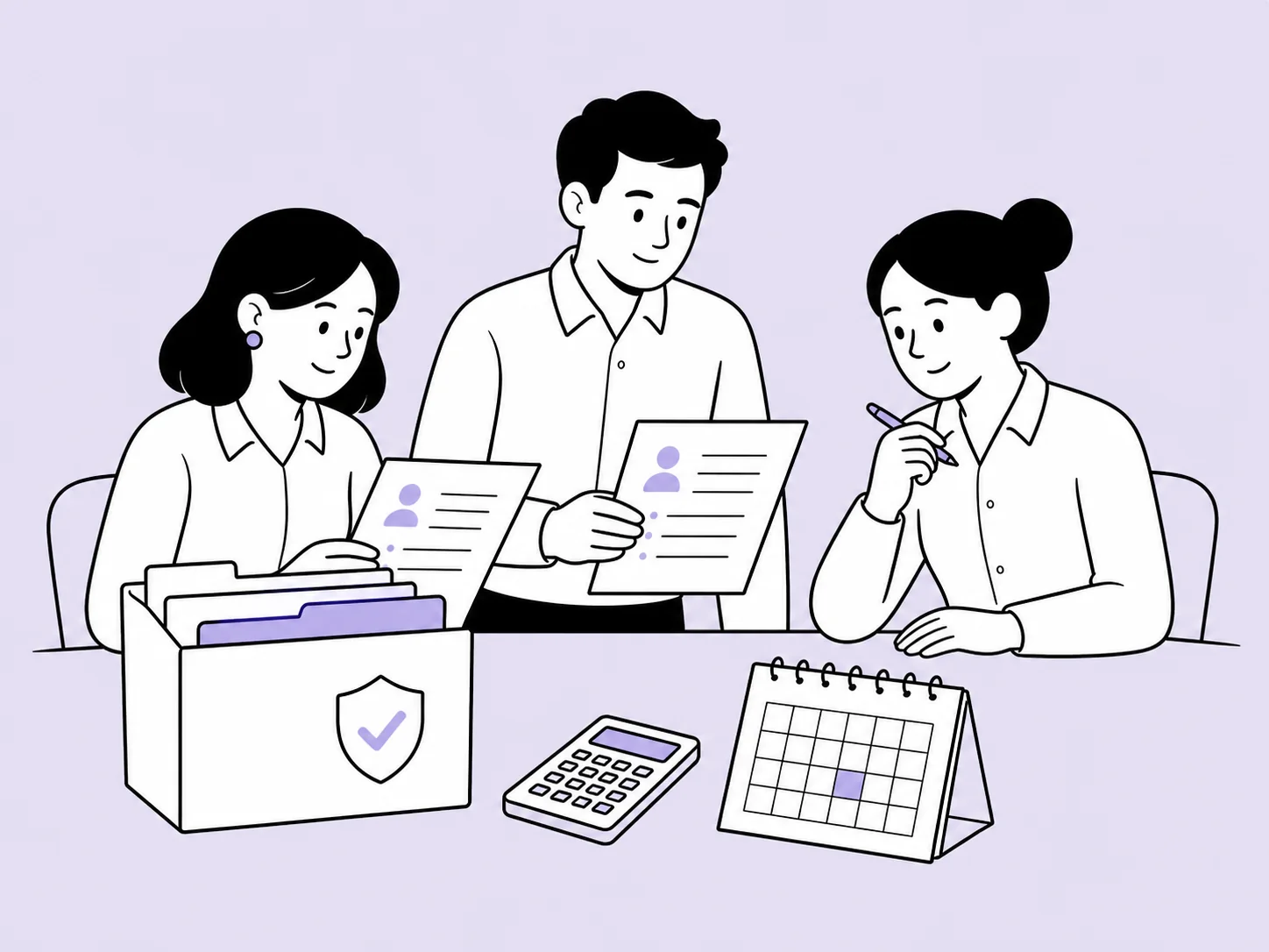 Illustration of a financial services team organising controlled employee records and review evidence.
