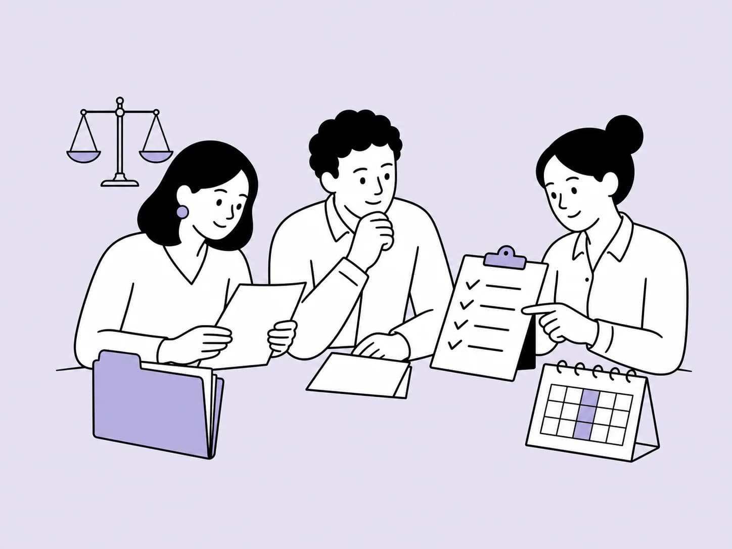 Illustration of a legal team organising confidential employee records, roles and development evidence.