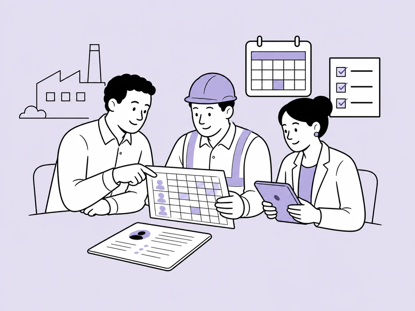 Illustration of a manufacturing team organising employee records, working patterns and training evidence.