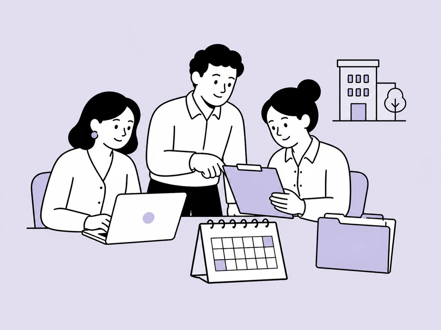 Illustration of a professional services team organising employee records around changing client projects.