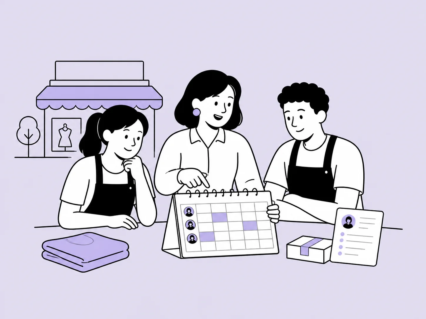 Illustration of a retail team organising starter records, working patterns and leave across store and fulfilment roles.