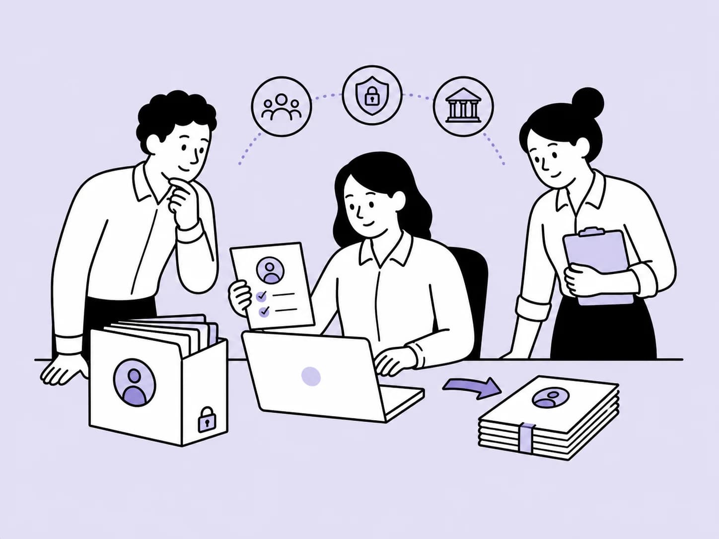 Illustration of finance managers organising employee records, leave and documents.