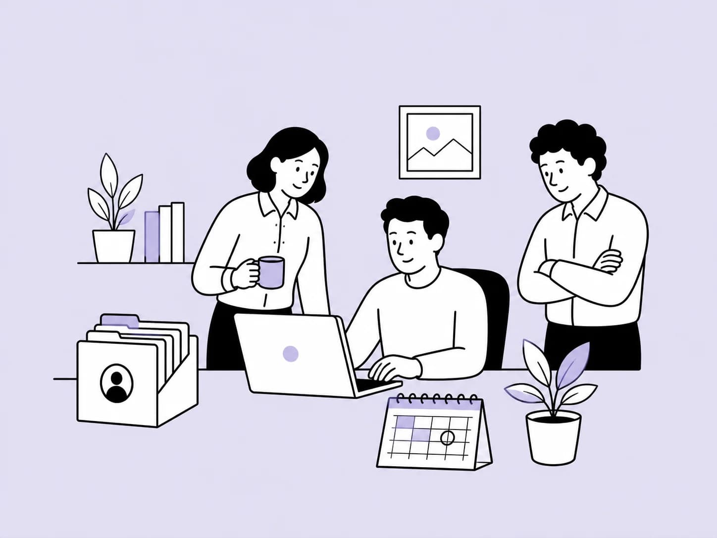 Illustration of founders, CEOs and business owners organising employee records, leave and documents.