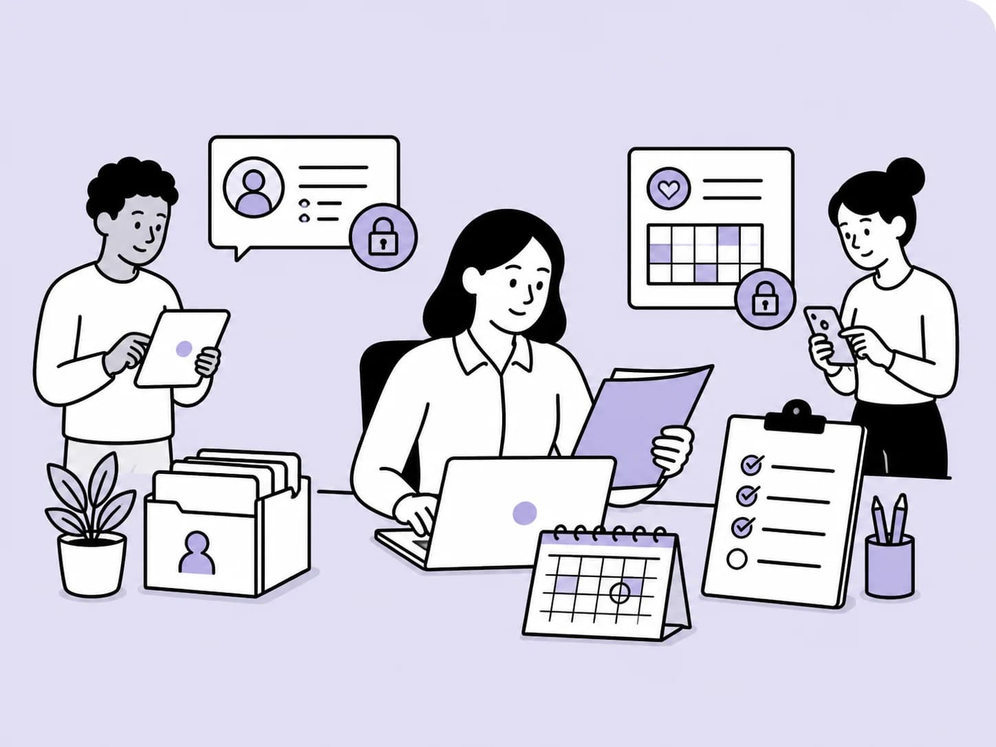 Illustration of HR managers organising employee records, leave and documents.