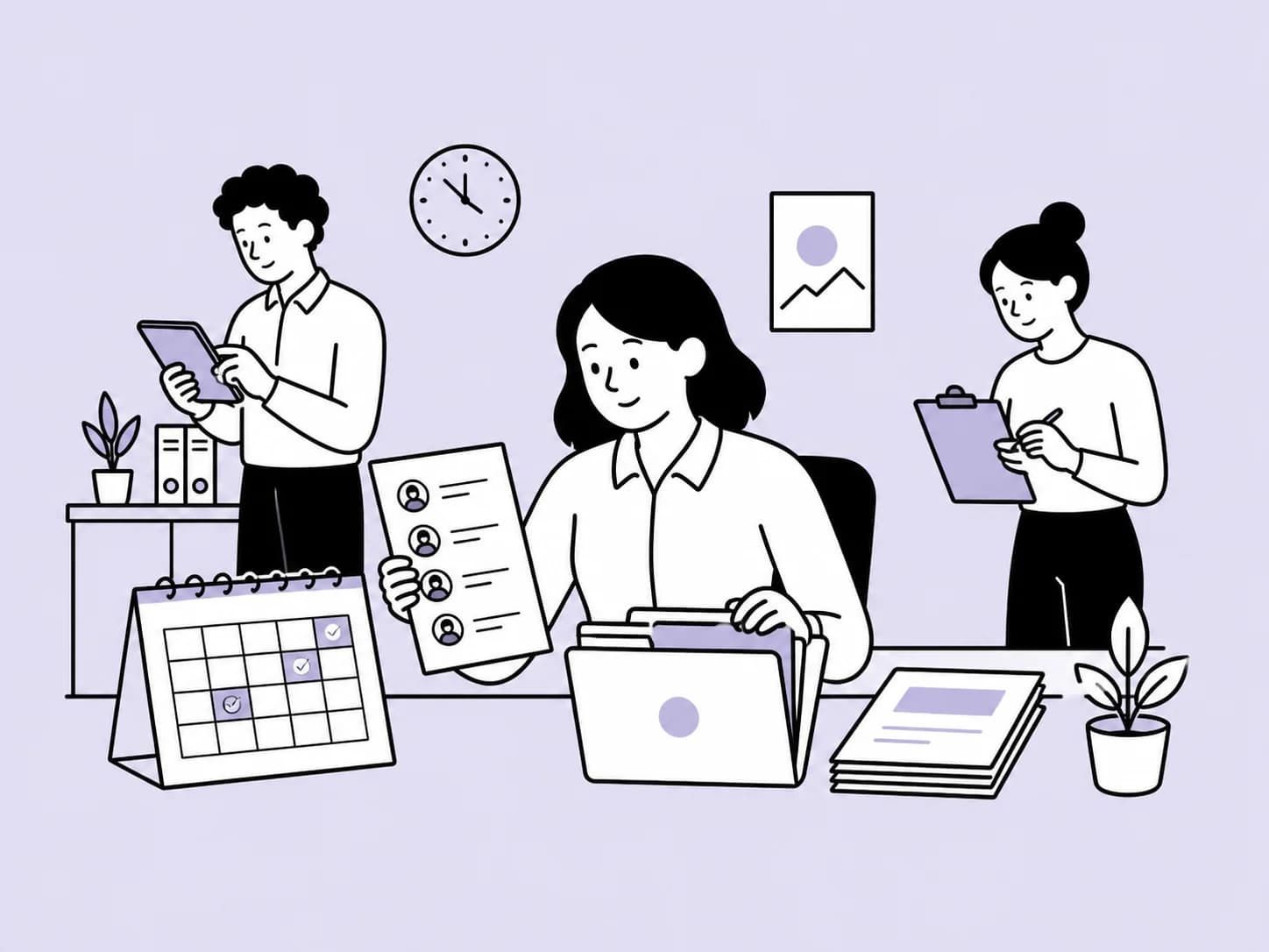 Illustration of office managers organising employee records, leave and documents.