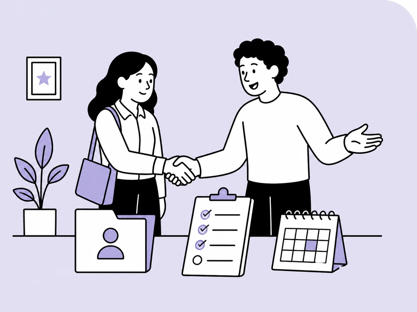 Illustration of a business owner welcoming their first employee and organising the starter record.