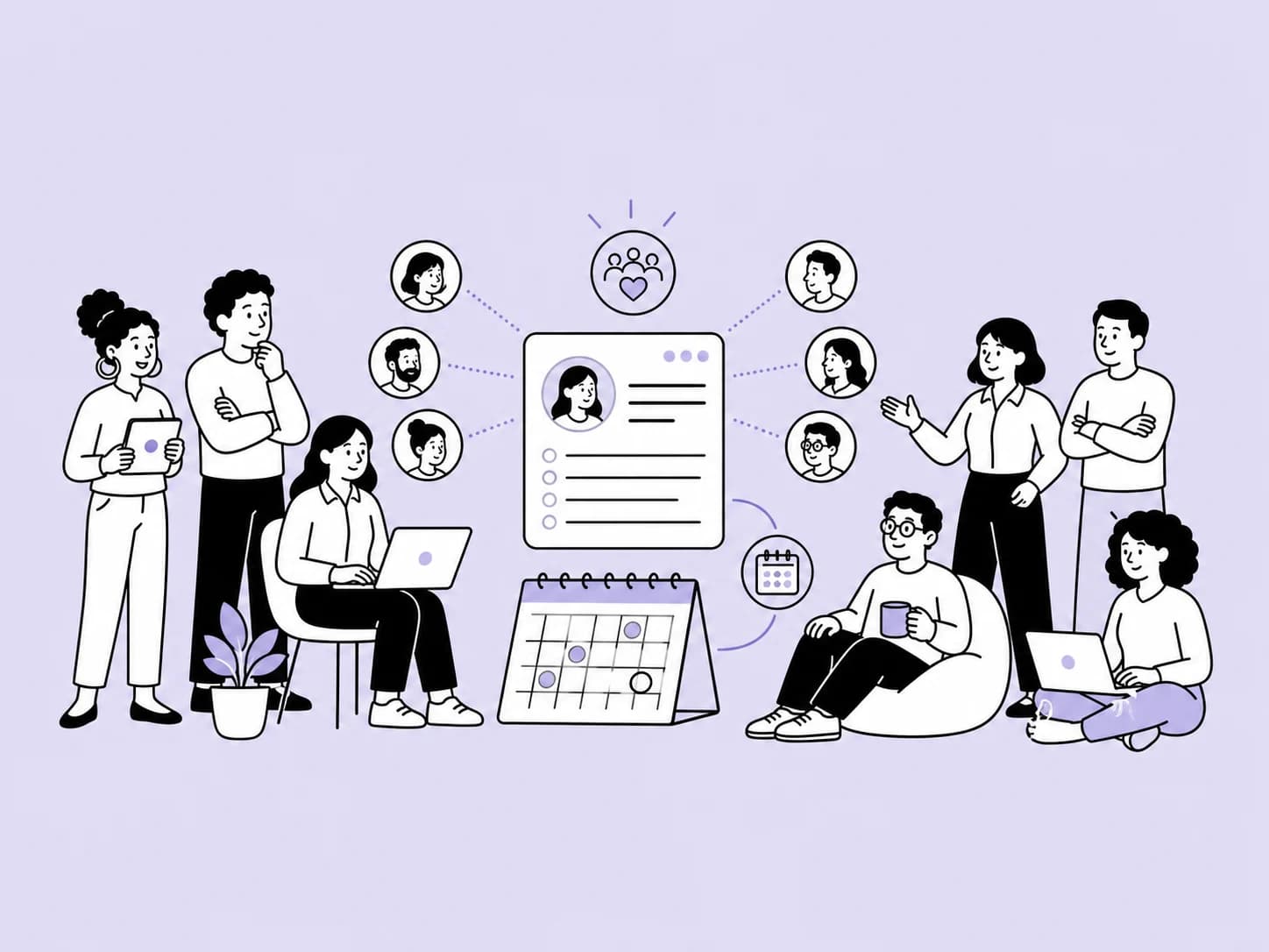 Illustration of a 10-person team organised around shared employee records and leave.
