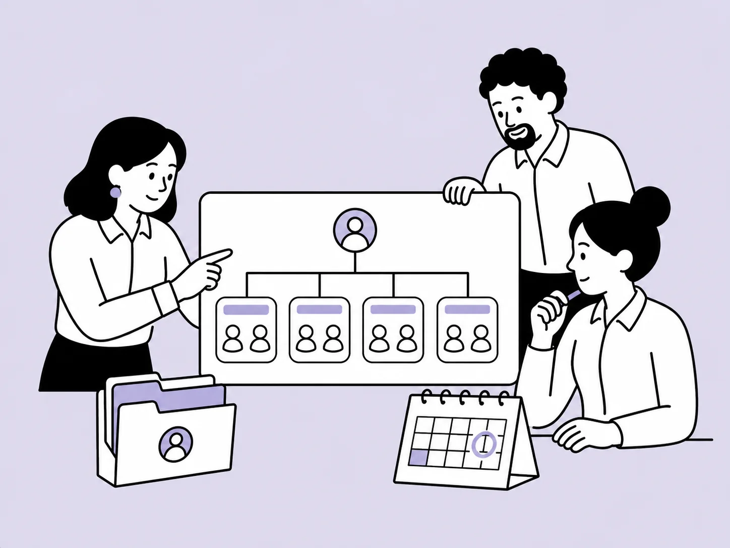 Illustration of a 100-person team organised around shared employee records and leave.