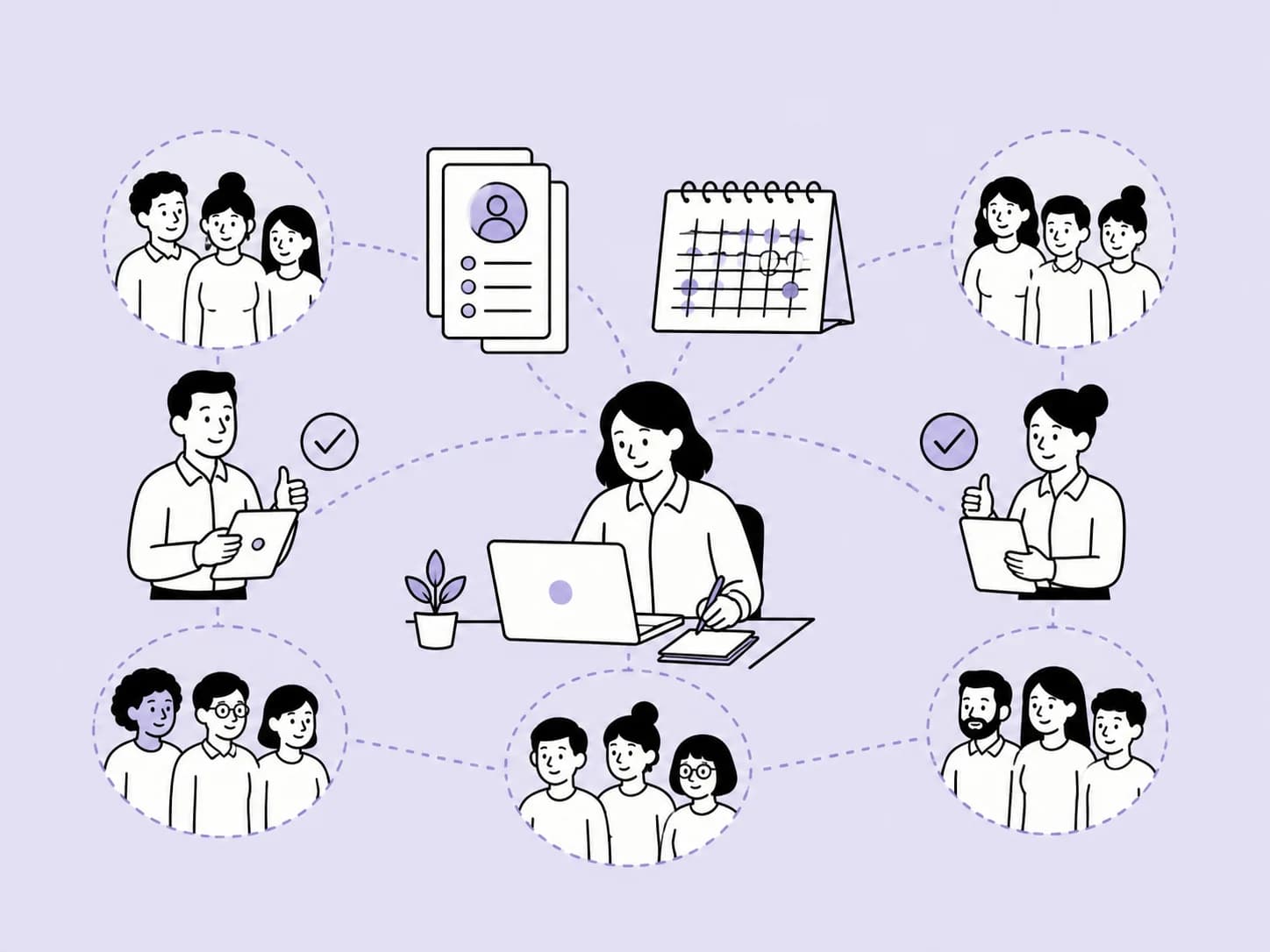 Illustration of a 25-person team organised around shared employee records and leave.
