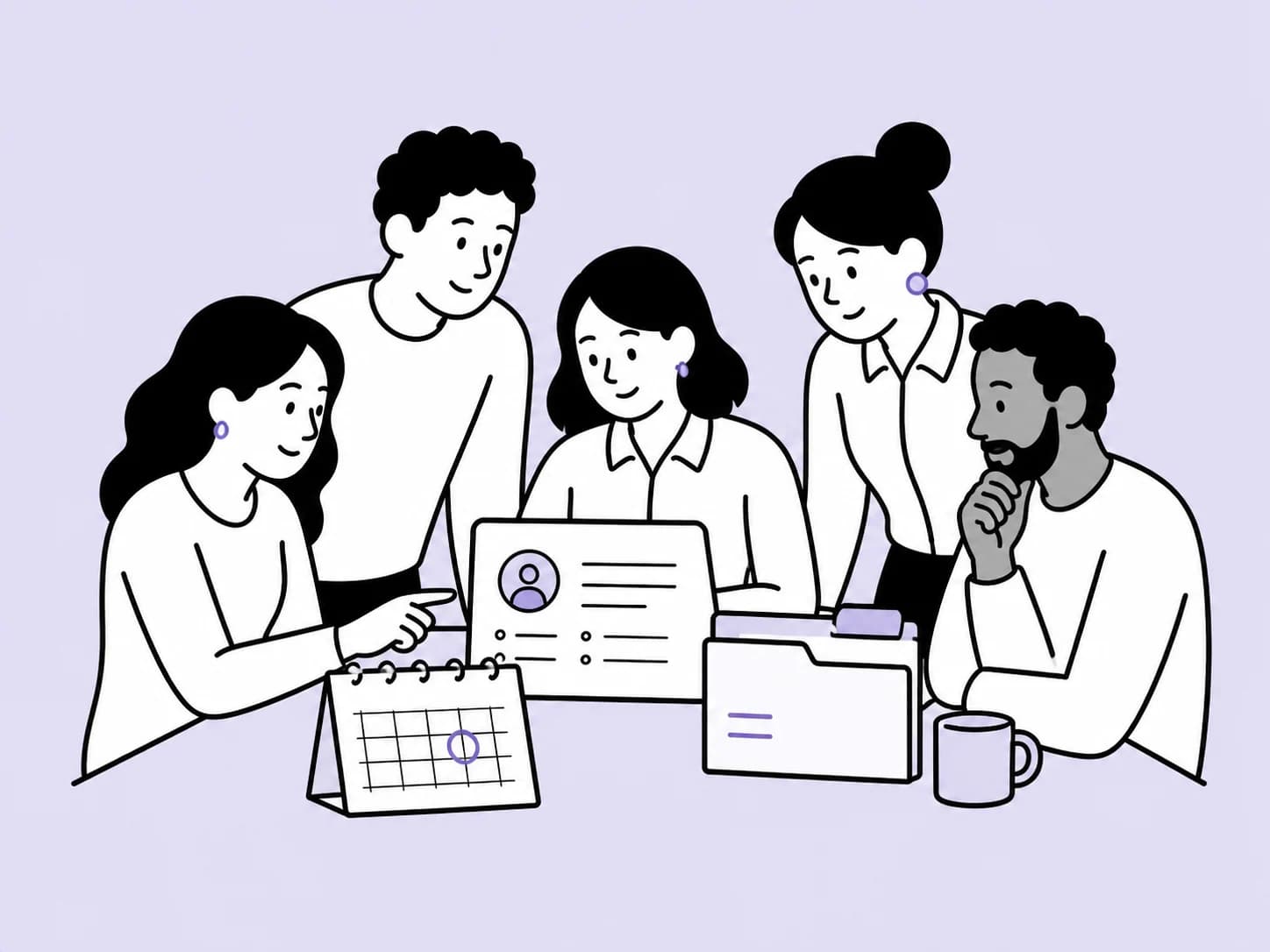 Illustration of a 5-person team organised around shared employee records and leave.