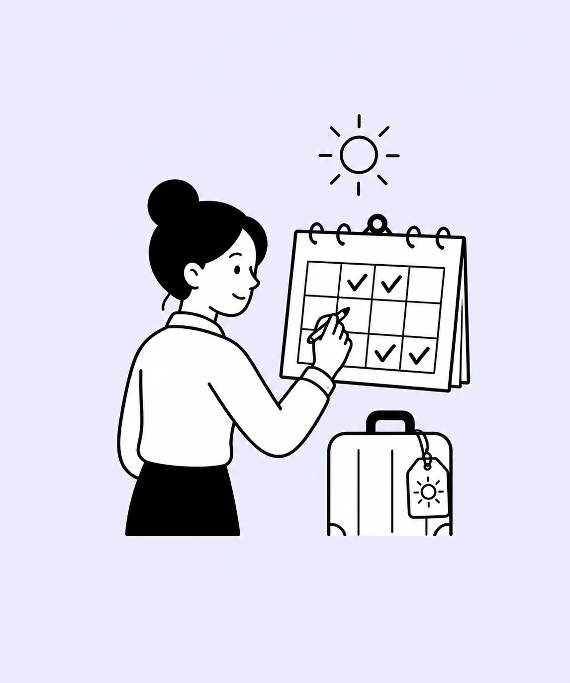 A person plans time off on a calendar beside a suitcase.