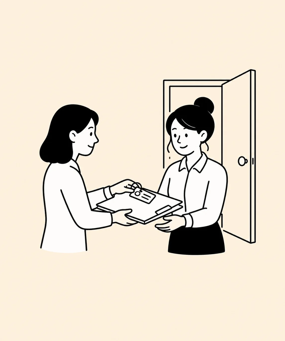 Two colleagues complete a calm handover beside an open door.