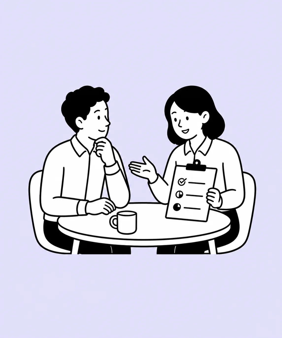 Two colleagues discuss goals in a one-to-one meeting.