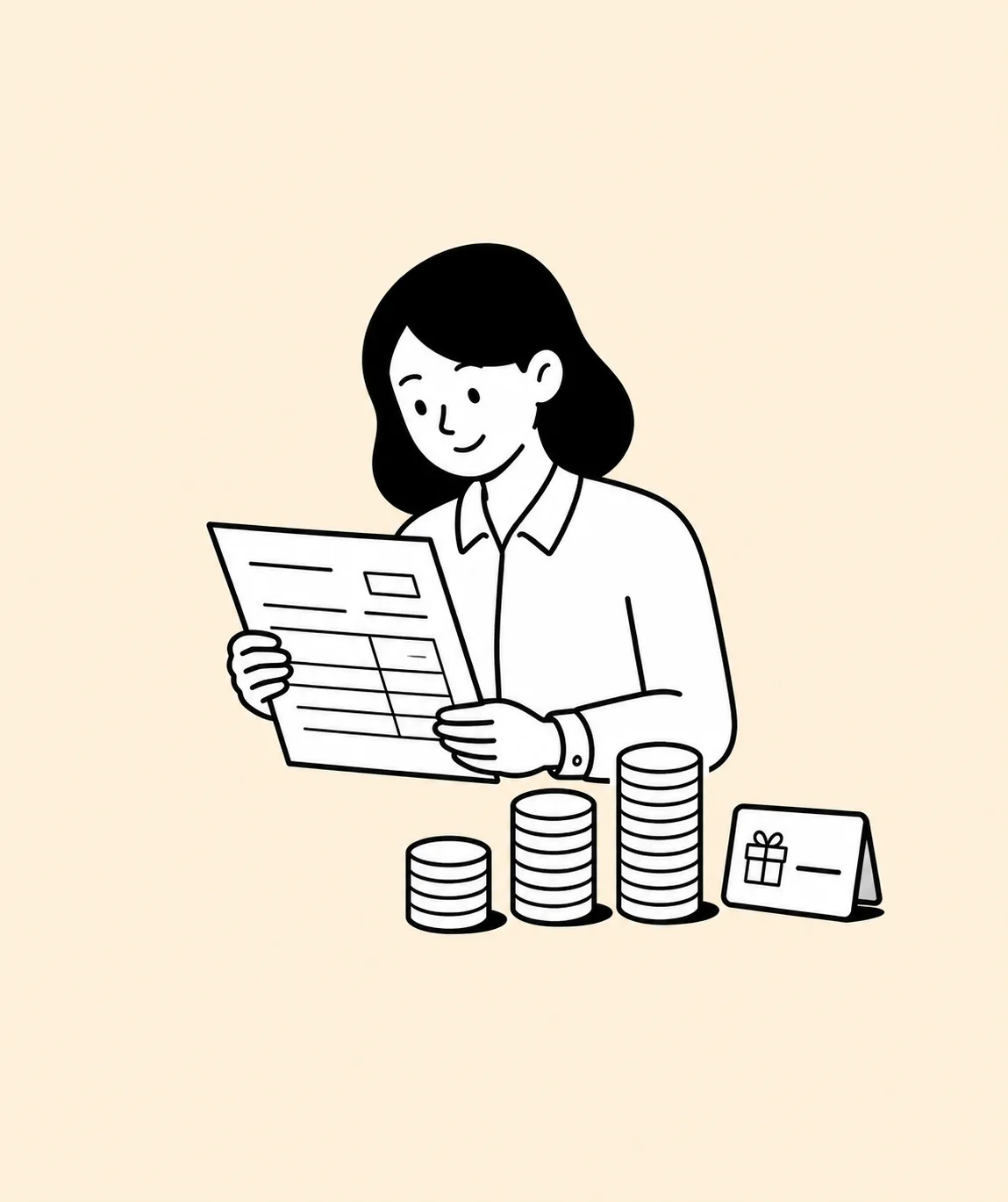 A person reviews a pay record beside coin stacks and a benefits card.