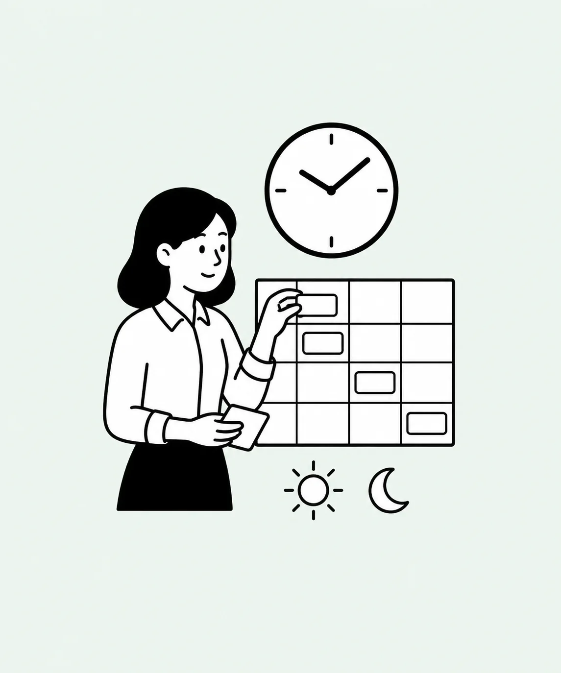 A person arranges a weekly work pattern beneath a clock.