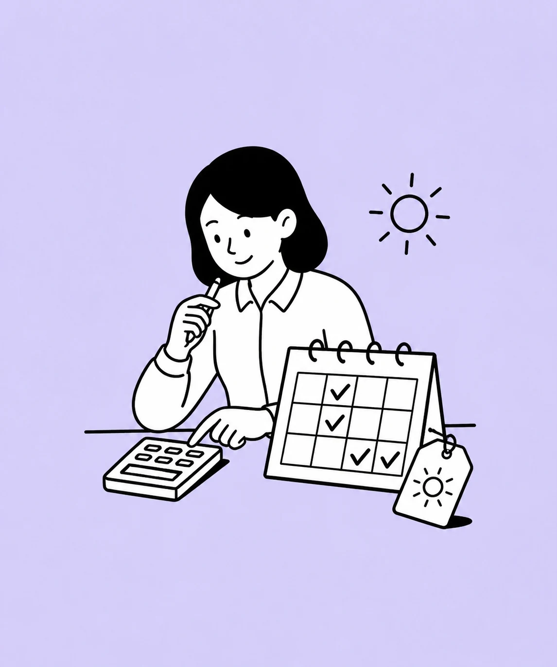 A person works out holiday entitlement beside a calculator, leave calendar and holiday tag.