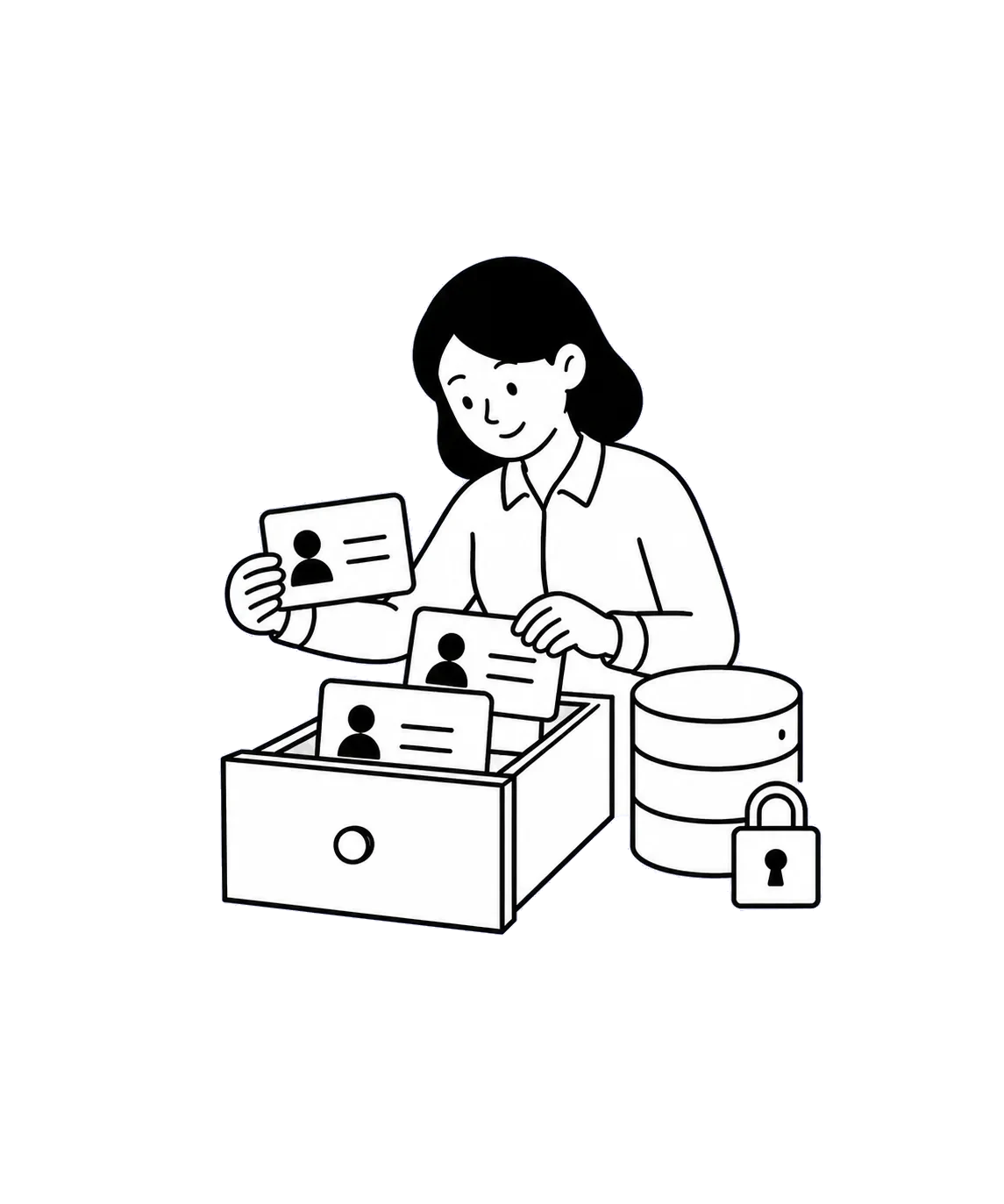 A person organises employee profile cards beside protected records.