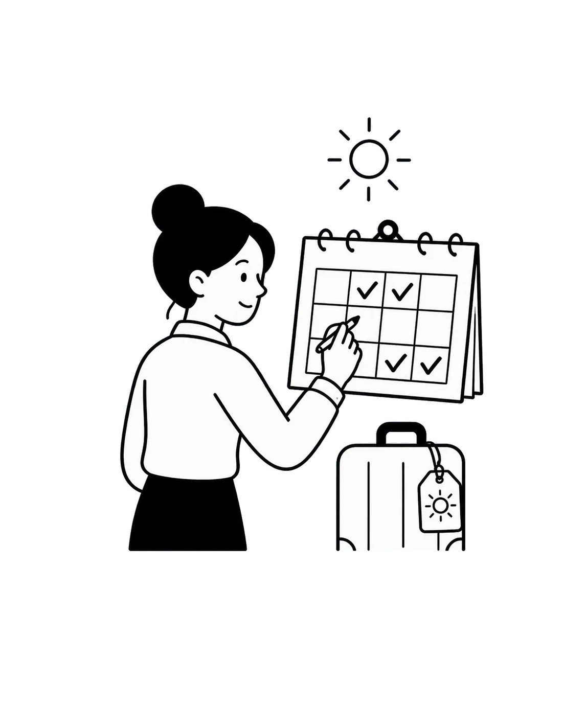 A person plans time off on a calendar beside a suitcase.