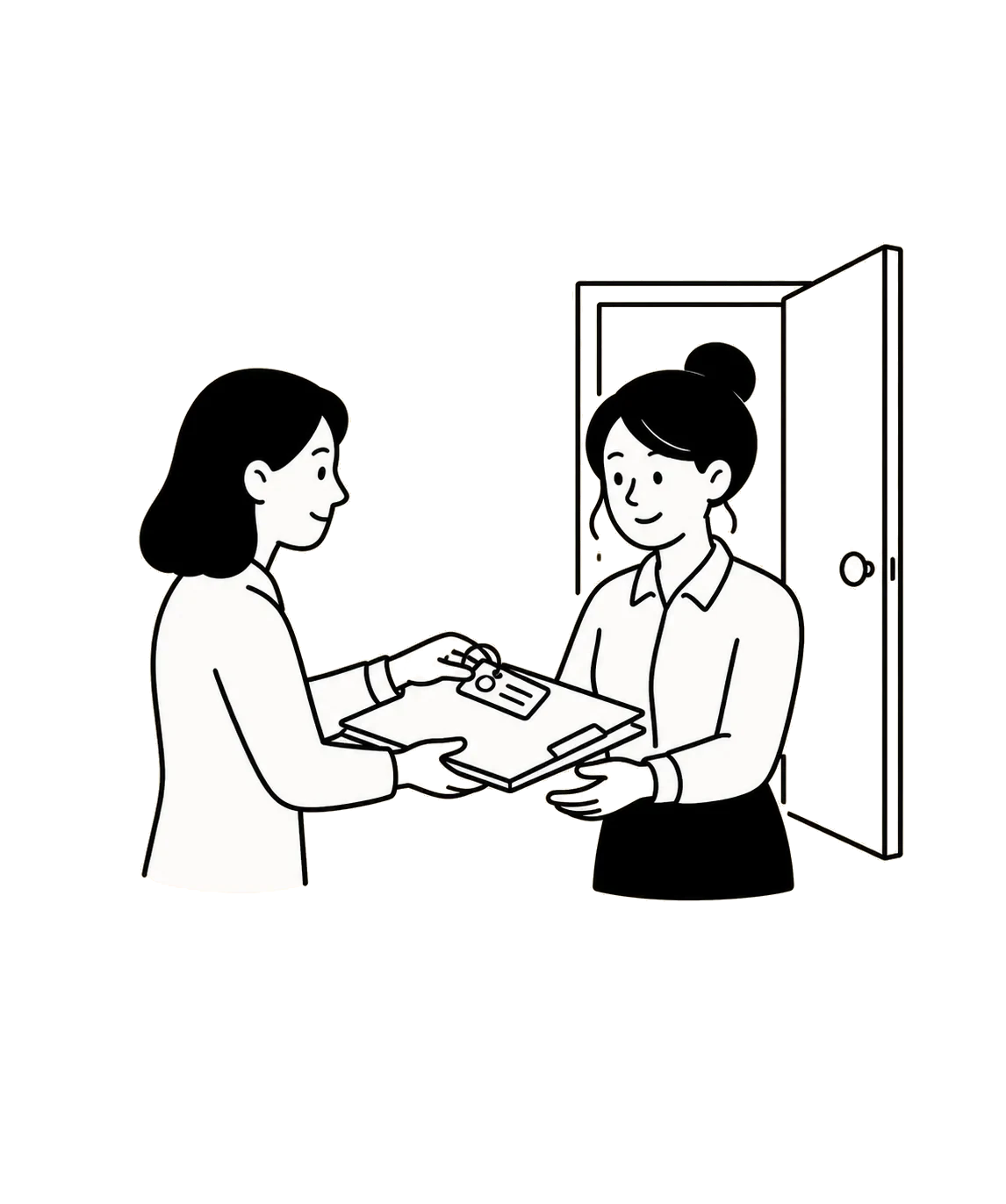 Two colleagues complete a calm handover beside an open door.