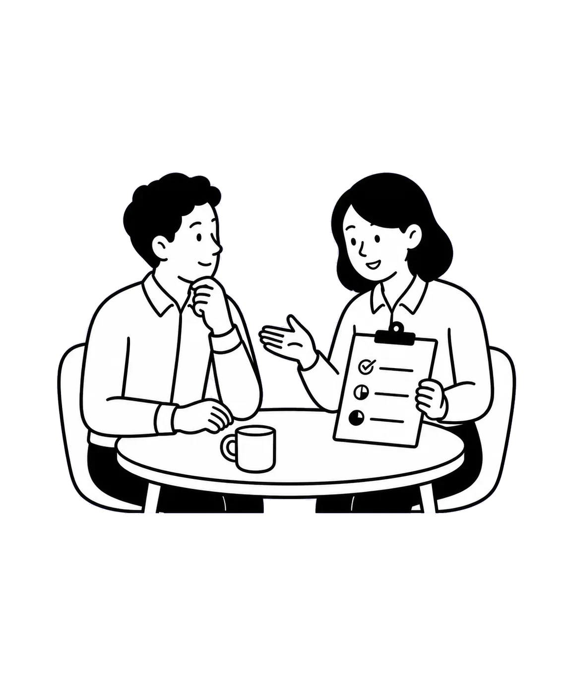 Two colleagues discuss goals in a one-to-one meeting.