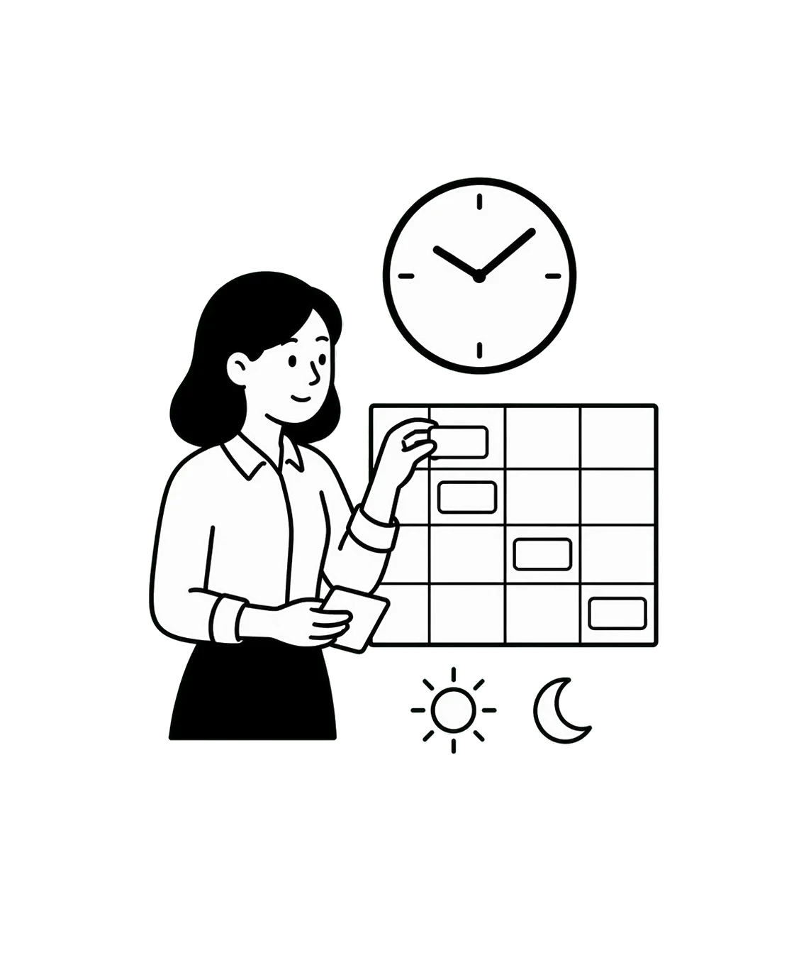 A person arranges a weekly work pattern beneath a clock.