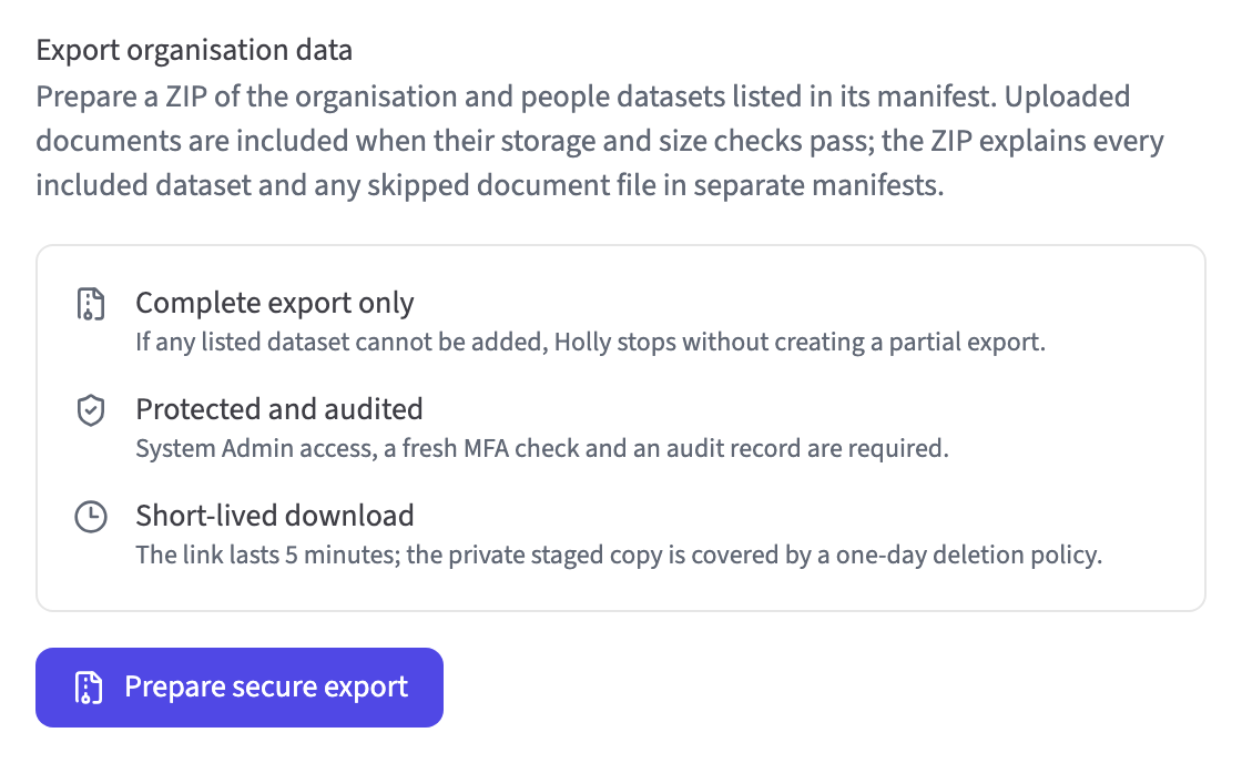 HollyHR organisation export control with a Prepare secure export button