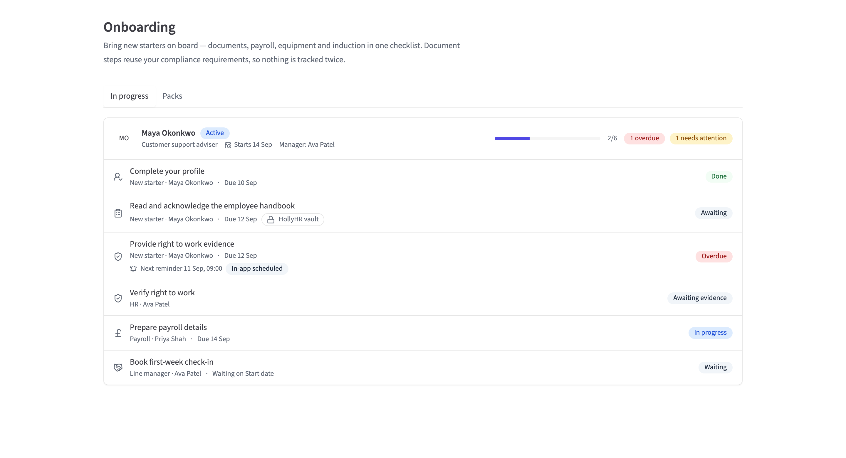 HollyHR onboarding journey showing a new starter's progress and next actions