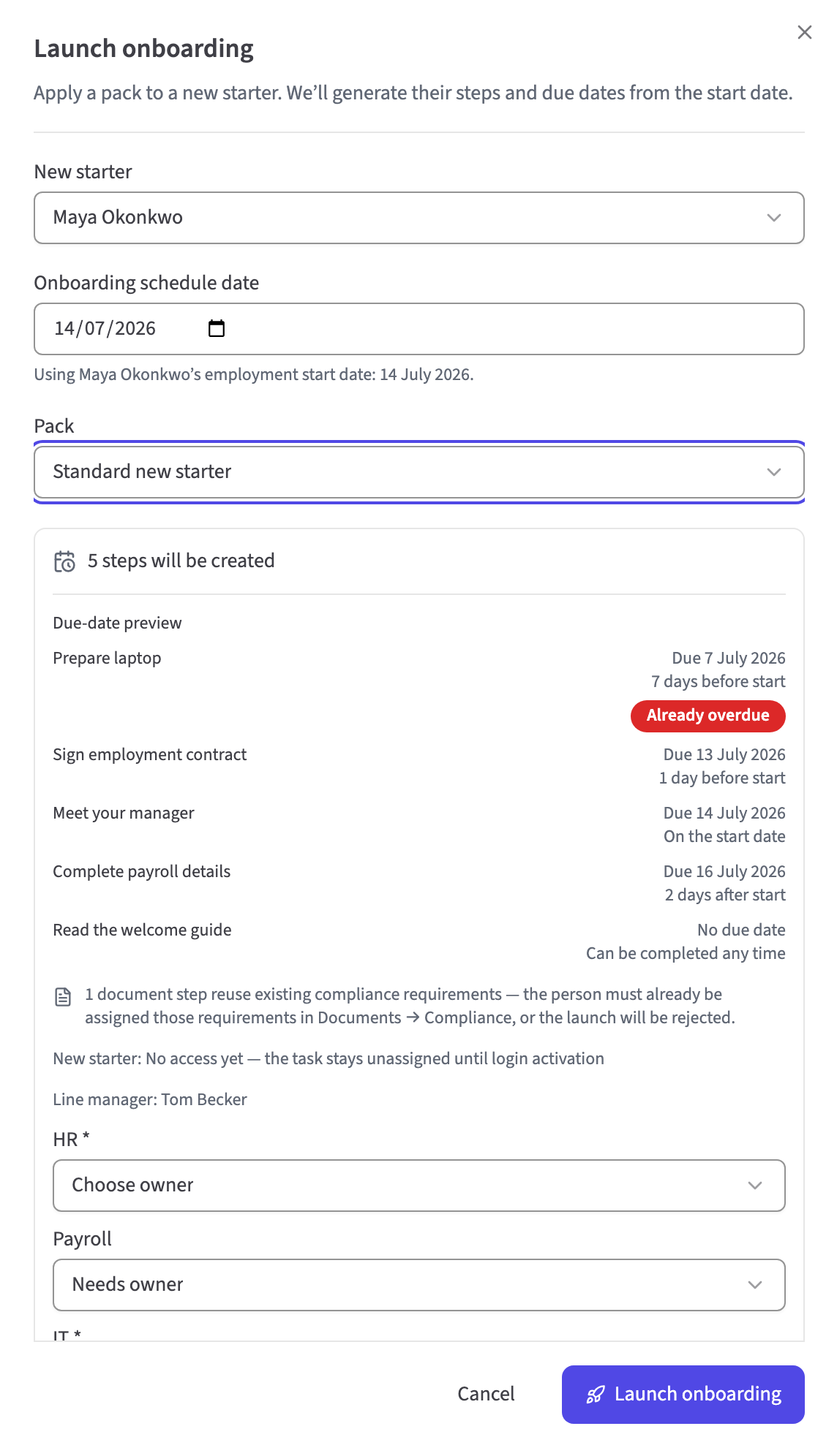 HollyHR launch onboarding dialog showing pack, starter and owner choices